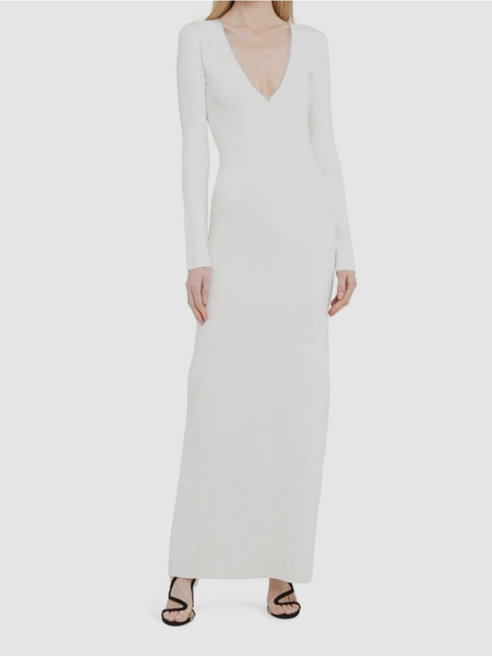 Long Sleeve V-Neck White Maxi Dress
